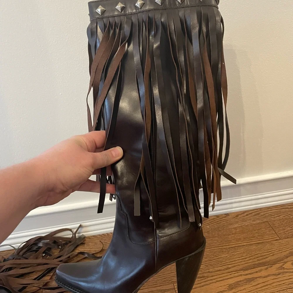 Donald J Pliner Western Couture Leather Studded Fringe Heeled Boots - Picture 12 of 15